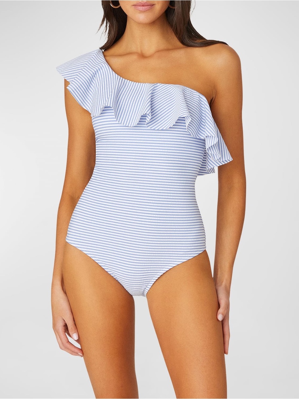 Shoshanna Striped One Shoulder Ruffled One Piece Swimsuit